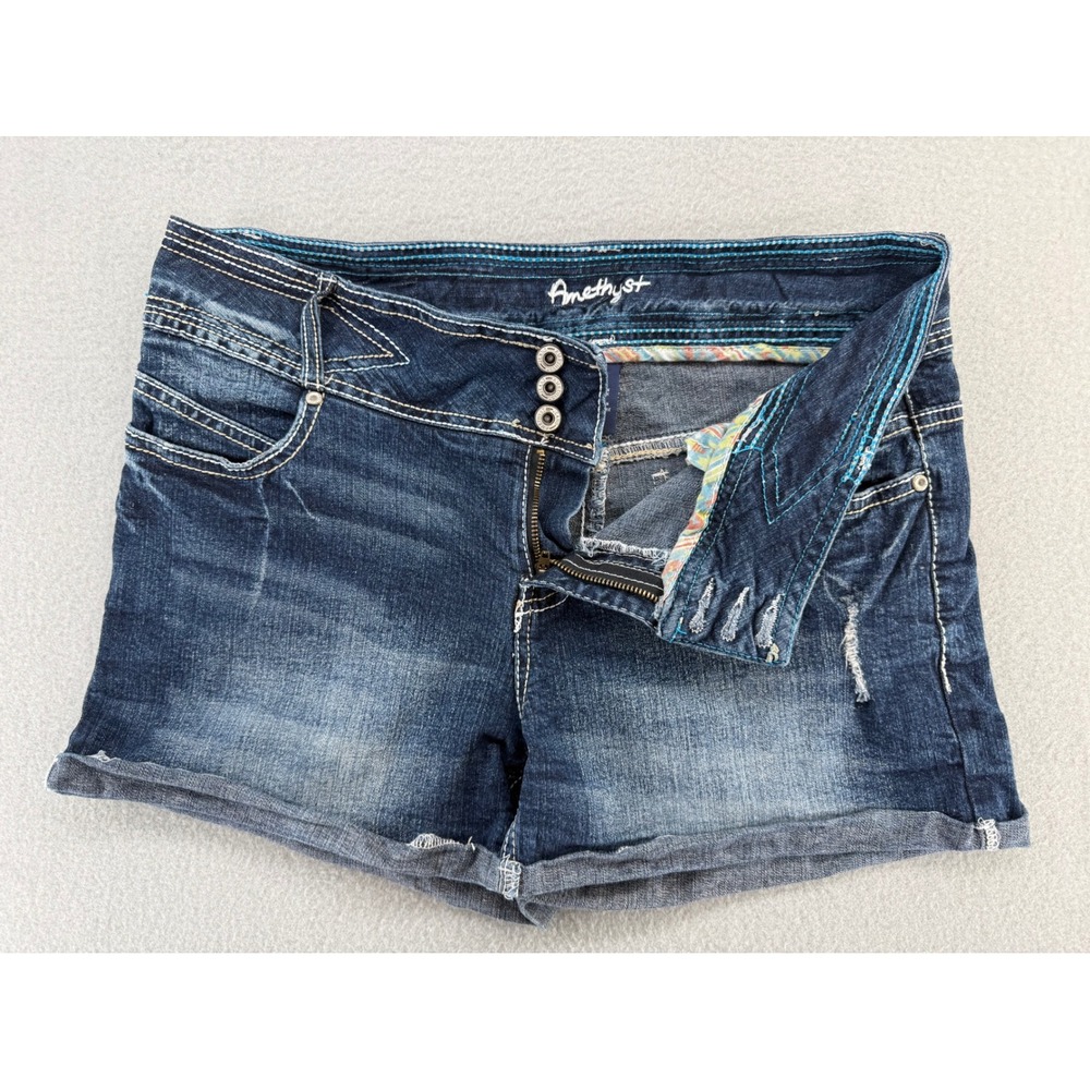 Amethyst Womens Dark Wash High Rise Triple Button Denim Shorts Size 13 Blue